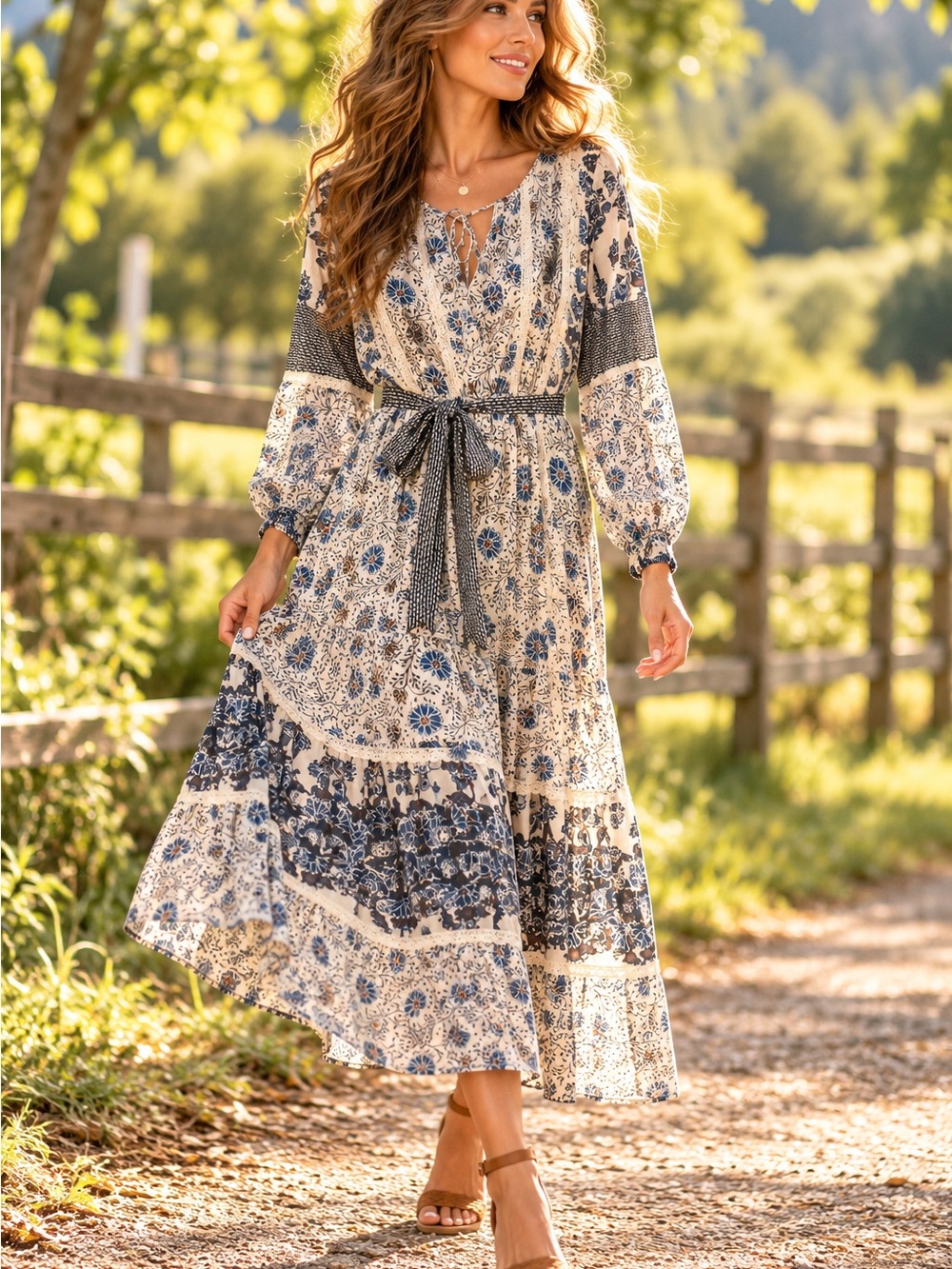 A loves A Boho Floral Tie-Waist Maxi Dress in Blue & Cream conservative prairie